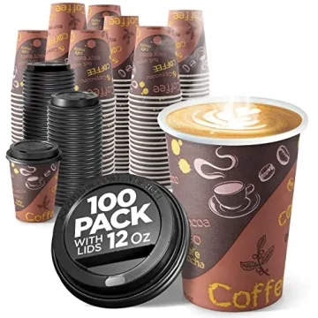12 Ounce Disposable Coffee Cups with Lids - 100 Pack for Hot & Cold Drinks