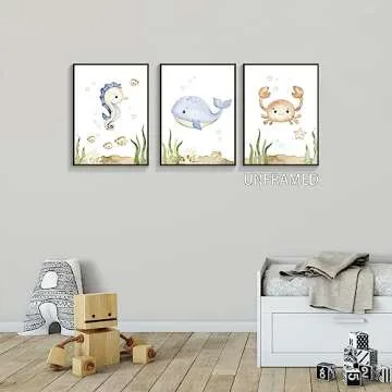 Yuaruo Ocean Animal Nursery Canvas Wall Art, 3 Piece Under The Sea Artwork Poster, Cute Life Aquatic Seahorse Whale Crap Print Painting Decor for Baby Bedroom Playroom Classroom 12x16in Unframed