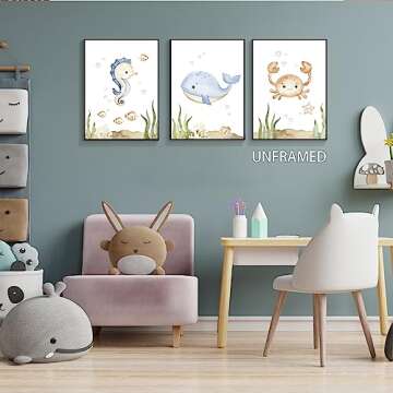 Yuaruo Ocean Animal Nursery Canvas Wall Art, 3 Piece Under The Sea Artwork Poster, Cute Life Aquatic Seahorse Whale Crap Print Painting Decor for Baby Bedroom Playroom Classroom 12x16in Unframed