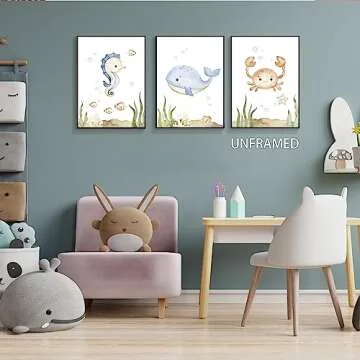 Yuaruo Ocean Animal Nursery Canvas Wall Art, 3 Piece Under The Sea Artwork Poster, Cute Life Aquatic Seahorse Whale Crap Print Painting Decor for Baby Bedroom Playroom Classroom 12x16in Unframed