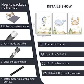 Yuaruo Ocean Animal Nursery Canvas Wall Art, 3 Piece Under The Sea Artwork Poster, Cute Life Aquatic Seahorse Whale Crap Print Painting Decor for Baby Bedroom Playroom Classroom 12x16in Unframed