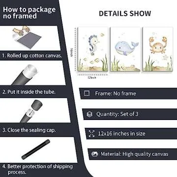 Yuaruo Ocean Animal Nursery Canvas Wall Art, 3 Piece Under The Sea Artwork Poster, Cute Life Aquatic Seahorse Whale Crap Print Painting Decor for Baby Bedroom Playroom Classroom 12x16in Unframed