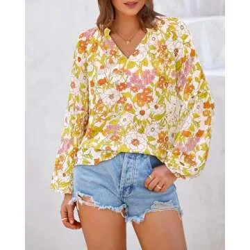 BTFBM Women Casual Boho Blouse Dressy Floral Puff Long Sleeve Shirts V Neck Lightweight Chiffon Summ...