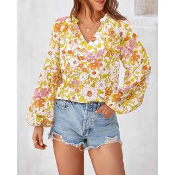 BTFBM Women Casual Boho Blouse Dressy Floral Puff Long Sleeve Shirts V Neck Lightweight Chiffon Summer Fall Tops 2025(Floral Yellow, Medium)
