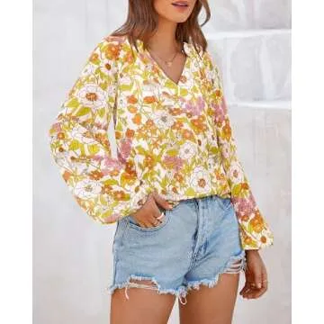BTFBM Women Casual Boho Blouse Dressy Floral Puff Long Sleeve Shirts V Neck Lightweight Chiffon Summer Fall Tops 2025(Floral Yellow, Medium)