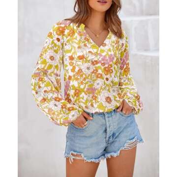 BTFBM Women Casual Boho Blouse Dressy Floral Puff Long Sleeve Shirts V Neck Lightweight Chiffon Summer Fall Tops 2025(Floral Yellow, Medium)