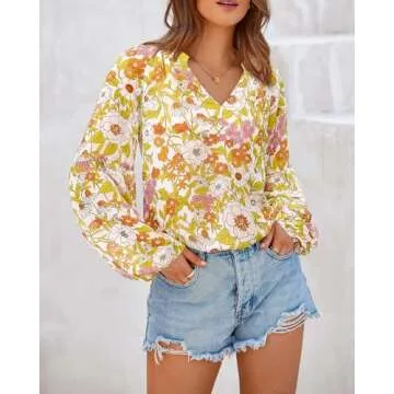 BTFBM Women Casual Boho Blouse Dressy Floral Puff Long Sleeve Shirts V Neck Lightweight Chiffon Summer Fall Tops 2025(Floral Yellow, Medium)