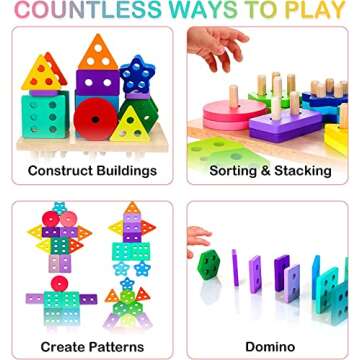 HELLOWOOD Wooden Sorting & Stacking Toys, Montessori Toys for 1 2 3 Years Old Toddlers, Shape Sorter Puzzles with 24-Piece Large Geometric Blocks & 12 Word Cards, Gift for 12+ Months Baby Boys Girls
