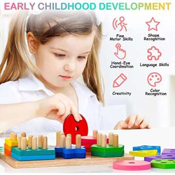 HELLOWOOD Wooden Sorting & Stacking Toys, Montessori Toys for 1 2 3 Years Old Toddlers, Shape Sorter Puzzles with 24-Piece Large Geometric Blocks & 12 Word Cards, Gift for 12+ Months Baby Boys Girls