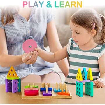 HELLOWOOD Wooden Sorting & Stacking Toys, Montessori Toys for 1 2 3 Years Old Toddlers, Shape Sorter Puzzles with 24-Piece Large Geometric Blocks & 12 Word Cards, Gift for 12+ Months Baby Boys Girls