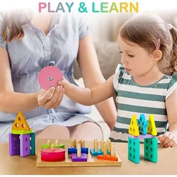 HELLOWOOD Wooden Sorting & Stacking Toys, Montessori Toys for 1 2 3 Years Old Toddlers, Shape Sorter Puzzles with 24-Piece Large Geometric Blocks & 12 Word Cards, Gift for 12+ Months Baby Boys Girls