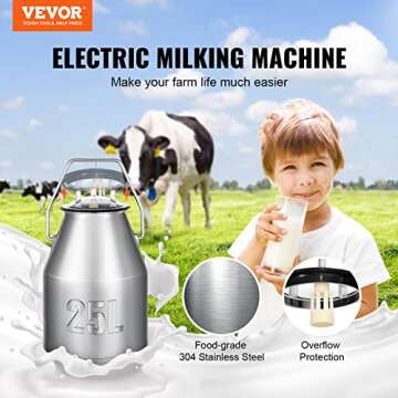 VEVOR Electric Cow Milking Machine, 6.6 Gal Stainless Steel, Automatic Pulsation Vacuum, Portable wi...