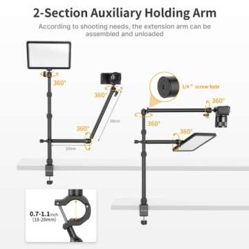 PICTRON LS11 Camera Mount Desk Stand with Auxiliary Holding Arm, Flexible Overhead Camera Mount, Webcam Table C-Clamp Multi Mount for Photography Videography Live Stream
