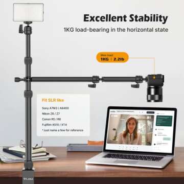 PICTRON LS11 Camera Mount Desk Stand with Auxiliary Holding Arm, Flexible Overhead Camera Mount, Webcam Table C-Clamp Multi Mount for Photography Videography Live Stream
