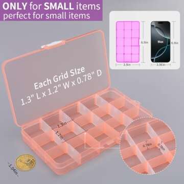 Opret 15 Girds Bead Organizer(4 Pack), Earring Organizer Box, SMALL Plastic Containers with Adjustable Dividers for Crafts Jewelry Screws Fishing Tackles Small Items, Size 6.9×3.9×0.9in