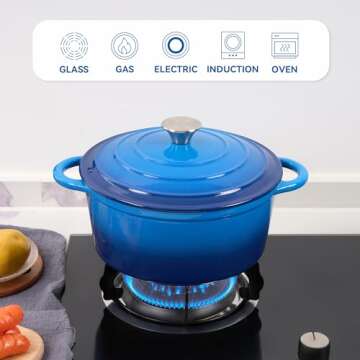 Fijinhom 6 Quart Enameled Cast Iron Dutch Oven Pot with Lid, Dual Handle for Bread Baking, Pre-Seasoned Cookware, Heavy-Duty, Oven Safe up to 500° F, Non-stick & Applicable All Cookings, Blue