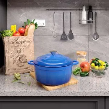 Fijinhom 6 Quart Enameled Cast Iron Dutch Oven Pot with Lid, Dual Handle for Bread Baking, Pre-Seasoned Cookware, Heavy-Duty, Oven Safe up to 500° F, Non-stick & Applicable All Cookings, Blue