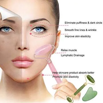 Face Jade Roller & Rose Quartz Roller & Gua Sha Scraping Massage Tool 3 Pack, 100% Natural Jade Faci...
