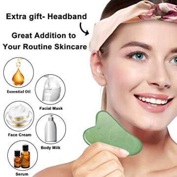 Face Jade Roller & Rose Quartz Roller & Gua Sha Scraping Massage Tool 3 Pack, 100% Natural Jade Facial Quartz Roller, Anti Aging Wrinkles Beauty Tool