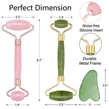 Face Jade Roller & Rose Quartz Roller & Gua Sha Scraping Massage Tool 3 Pack, 100% Natural Jade Facial Quartz Roller, Anti Aging Wrinkles Beauty Tool