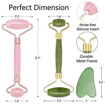 Face Jade Roller & Rose Quartz Roller & Gua Sha Scraping Massage Tool 3 Pack, 100% Natural Jade Facial Quartz Roller, Anti Aging Wrinkles Beauty Tool