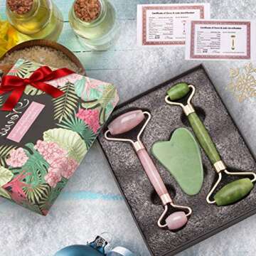 Face Jade Roller & Rose Quartz Roller & Gua Sha Scraping Massage Tool 3 Pack, 100% Natural Jade Facial Quartz Roller, Anti Aging Wrinkles Beauty Tool