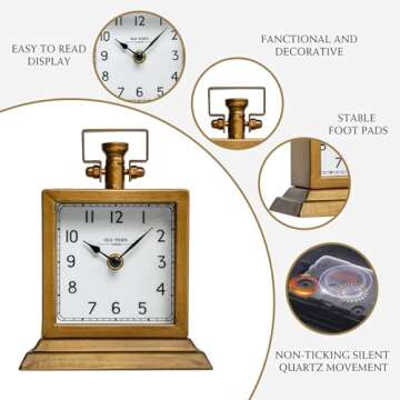 EMAX HOME Metal Table Clock, Decorative Mantel Desk Shelf Clock with Antique Gold Finish, Gold Small Mantel Clock with Silent Quartz Movement