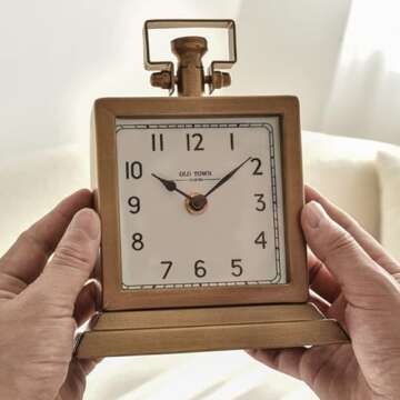 EMAX HOME Metal Table Clock, Decorative Mantel Desk Shelf Clock with Antique Gold Finish, Gold Small Mantel Clock with Silent Quartz Movement