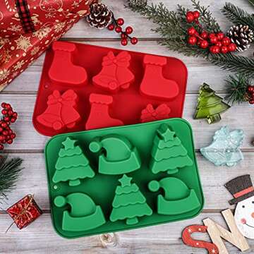 MCEAST 4 Pack Christmas Silicone Molds Candy Molds Christmas Chocolate Molds With Christmas Tree Santa Hat Bell Snowflake Patterns for Christmas Party, Home Baking And DIY Crafts (Red, Green)
