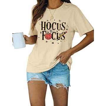 Teacher Halloween Shirt for Women Funny Hocus Pocus Tshirt Cute Pumpkin Graphic Tees Teacher Fall Season Tops (M, Light Yellow)