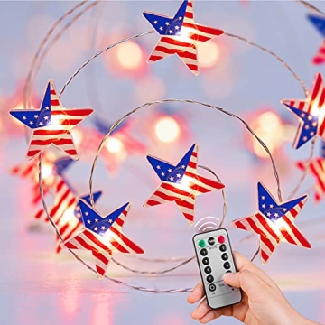 4th of July Decor Lights - 16 FT 50 LED US Flag Star String Lights Battery Operated, Patriotic Light...