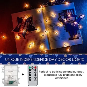 4th of July Decor Lights - 16 FT 50 LED US Flag Star String Lights Battery Operated, Patriotic Light with Remote & Timer, Star String Light for Independence Day Decoration President Day Memorial Day