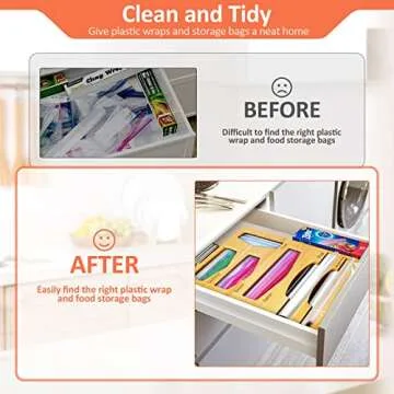 Ziplock Bag Organizer,Upgraded 6 in 1 Foil and Plastic Wrap Organizer,Bamboo Storage Organizer for Gallon,Quart,Sandwich & Snack Bag,Foil Dispenser With Cutter Fit 12" Plastic Wrap,Aluminum Foil