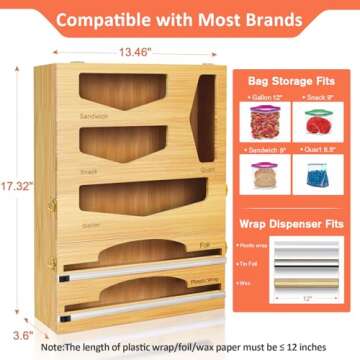 Ziplock Bag Organizer,Upgraded 6 in 1 Foil and Plastic Wrap Organizer,Bamboo Storage Organizer for Gallon,Quart,Sandwich & Snack Bag,Foil Dispenser With Cutter Fit 12" Plastic Wrap,Aluminum Foil