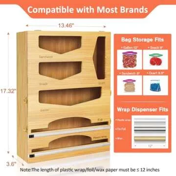 Ziplock Bag Organizer,Upgraded 6 in 1 Foil and Plastic Wrap Organizer,Bamboo Storage Organizer for Gallon,Quart,Sandwich & Snack Bag,Foil Dispenser With Cutter Fit 12" Plastic Wrap,Aluminum Foil