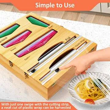 Ziplock Bag Organizer,Upgraded 6 in 1 Foil and Plastic Wrap Organizer,Bamboo Storage Organizer for Gallon,Quart,Sandwich & Snack Bag,Foil Dispenser With Cutter Fit 12" Plastic Wrap,Aluminum Foil