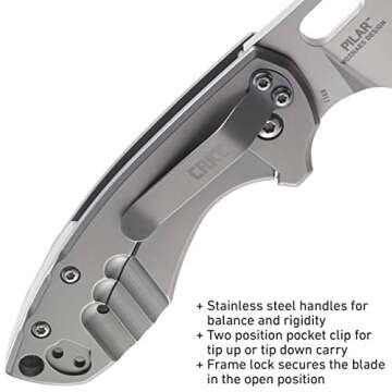 CRKT Pilar EDC Folding Pocket Knife: Compact Everyday Carry, Satin Blade with Finger Choil, Thumb Slot Open, Frame Lock Stainless Handle, Reversible Pocket Clip 5311