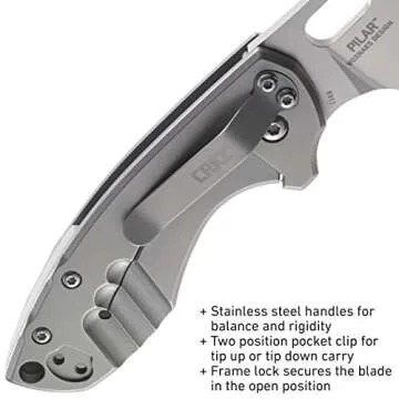 CRKT Pilar EDC Folding Pocket Knife: Compact Everyday Carry, Satin Blade with Finger Choil, Thumb Slot Open, Frame Lock Stainless Handle, Reversible Pocket Clip 5311