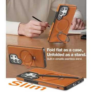 Bullroye for Samsung Galaxy S25 Ultra Case with Stand Magnetic, Compatible with MagSafe Ring Leather Case, with Camera Lens and Screen Protector, Protective Military Grade Shockproof, Brown