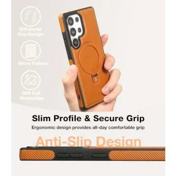 Bullroye for Samsung Galaxy S25 Ultra Case with Stand Magnetic, Compatible with MagSafe Ring Leather Case, with Camera Lens and Screen Protector, Protective Military Grade Shockproof, Brown