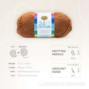 Lion Brand 24/7 Cotton Yarn, Lightweight Yarn for Knitting, Crocheting, and Crafts, Camel, 1 Pack
