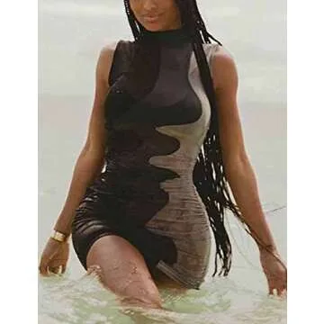 Mesh See Through Sheer Patchwork Bodycon Summer Sexy Rave y2k Party Night Club Outfits Sleeveless Ru...