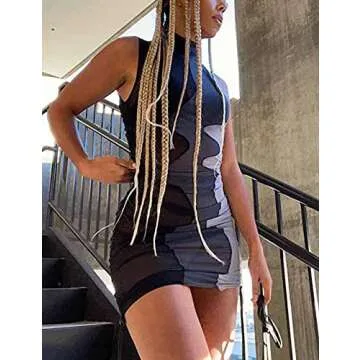 Mesh See Through Sheer Patchwork Bodycon Summer Sexy Rave y2k Party Night Club Outfits Sleeveless Ruched Women Mini Dress (XS, Mesh Black)