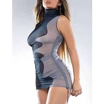 Mesh See Through Sheer Patchwork Bodycon Summer Sexy Rave y2k Party Night Club Outfits Sleeveless Ruched Women Mini Dress (XS, Mesh Black)