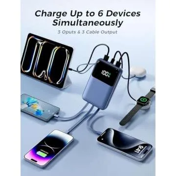 Portable Charger with Built in Cable, 15000mAh Power Bank, 22.5W Fast Charging, 6 Outputs, Slim Travel Essential Battery Pack with LED Display, Compatible with iPhone 16/15/14/13, Samsung, iPad Blue