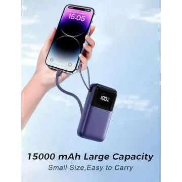 Portable Charger with Built in Cable, 15000mAh Power Bank, 22.5W Fast Charging, 6 Outputs, Slim Travel Essential Battery Pack with LED Display, Compatible with iPhone 16/15/14/13, Samsung, iPad Blue