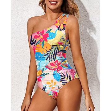 Holipick One Shoulder One Piece Swimsuit for Women Tummy Control Bathing Suits Modest Full Coverage Keyhole Swimwear