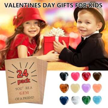 24 Pack Gem Valentines Cards Valentines Day Gifts for Kids Cards with Heart-Shape Plastic Crystal Stone Funny Valentine Exchange Card Gift for Boys Girls Toddlers Class Classroom School Party Favor
