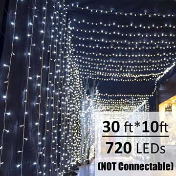 Solhice LED Curtain Lights Outdoor 30ft x10ft Cool White, 720 LED Plug in Hanging Christmas String L...