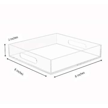 KEVLANG Clear Sturdy Acrylic Tray with Handles-8"x8"x2"H-Countertop Organizer Tray for Kitchen,Bathr...